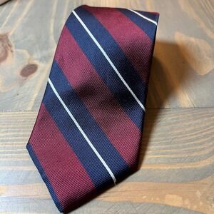 CLAYBROOKE Mens Burgundy‎ Navy White Stripe Pure Silk Neck Tie